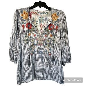 Johnny Was Taryn top blue white tassels XS